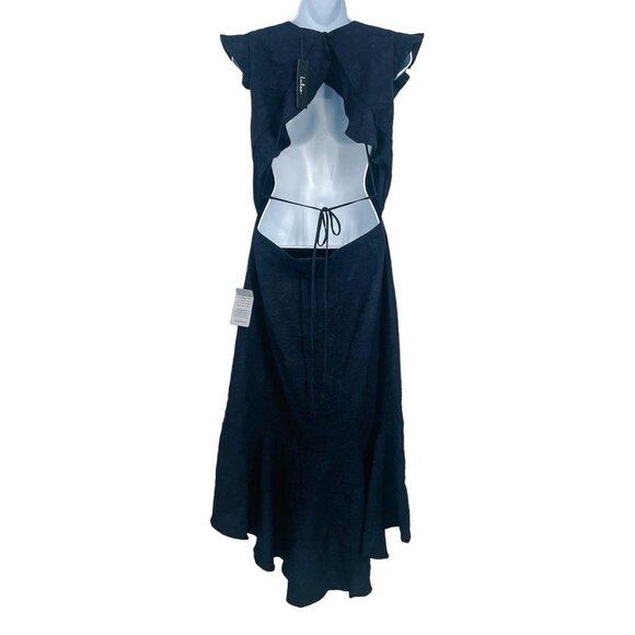 Lulu's Jacquard Sophisticated Soiree Navy Blue High Low Open Back Ruffles - Picture 4 of 15